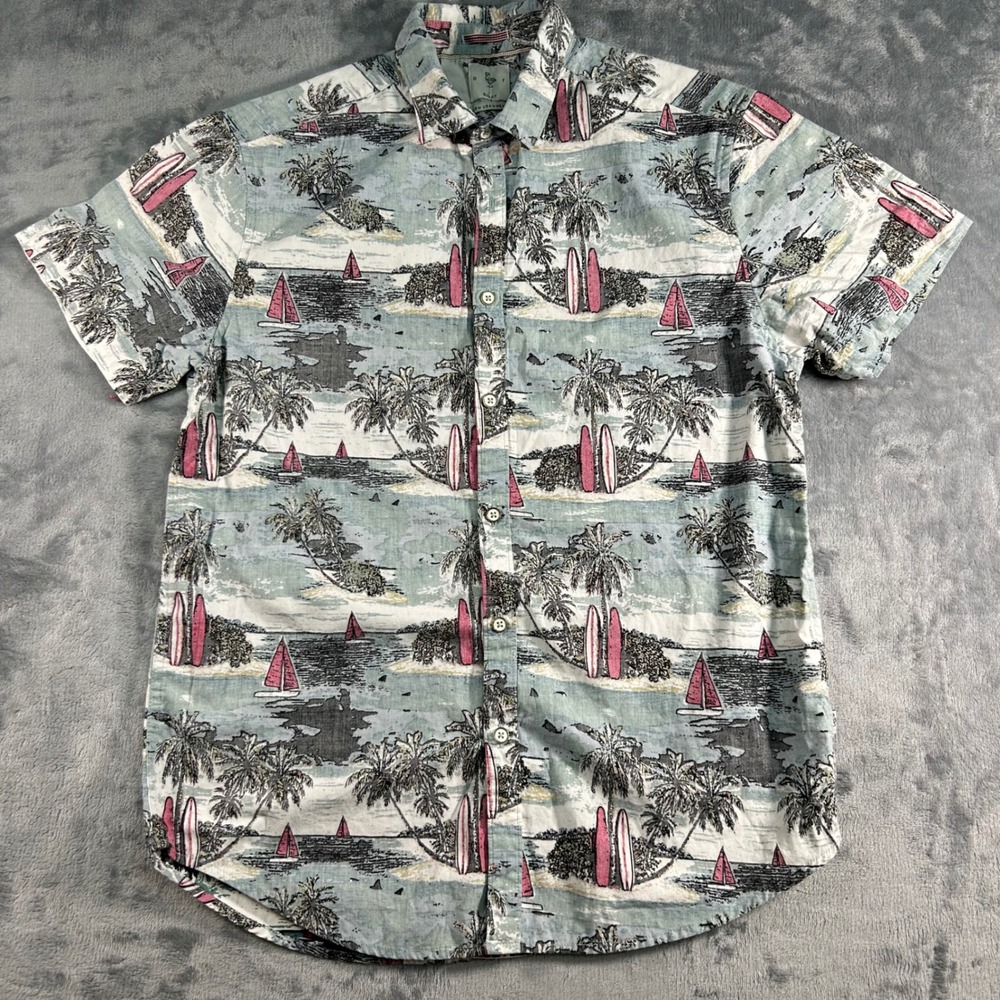 DF Slim Fit Men's Short Sleeve‎ Button Up Aloha Hawaiian Shirt Tropical Med